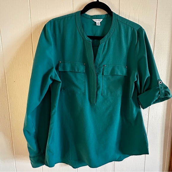 Calvin Klein emerald green tunic, NWOT. Size large, long sleeve with tabs. - Picture 5 of 6